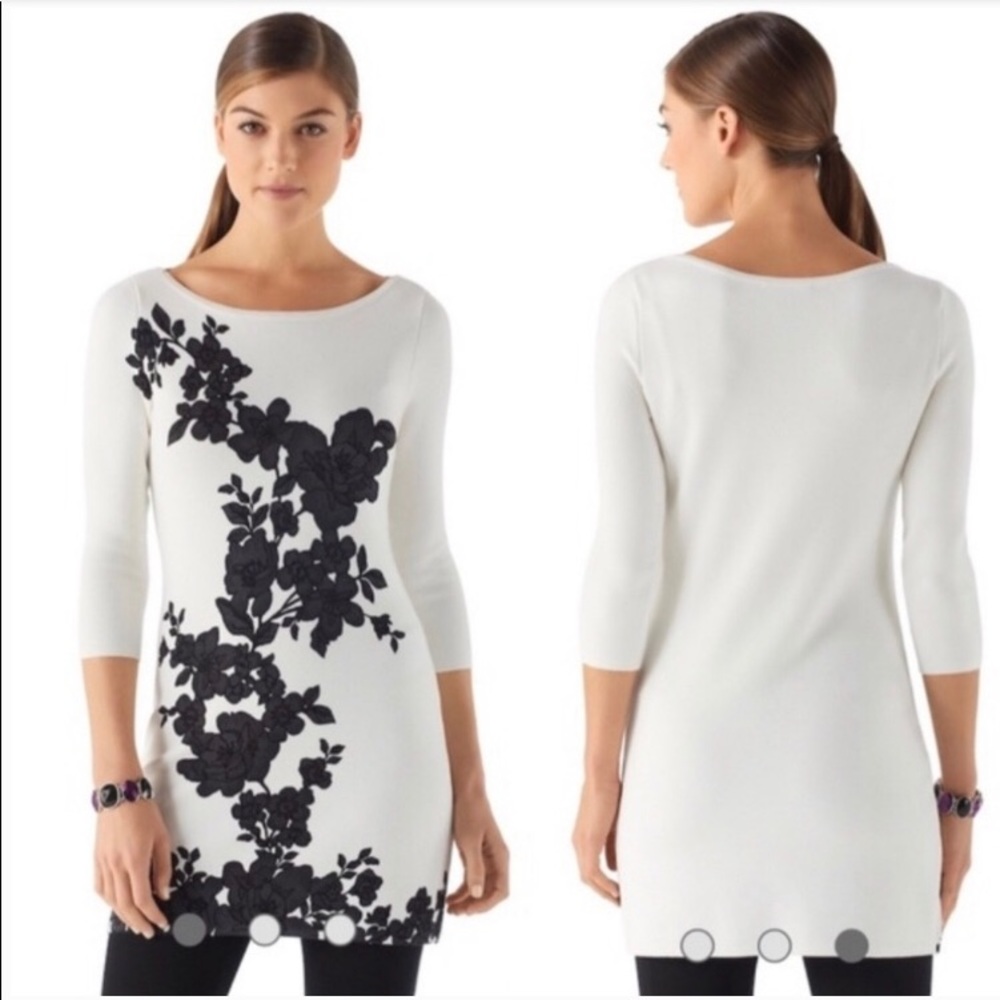 🌻WHBM NWOT szS White W Black Floral Tunic🌻